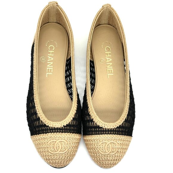 CHANEL 25P CC Raffia Crochet Woven Two Tone Cap Toe Ballerina Ballet Flat Shoes - Picture 6 of 15